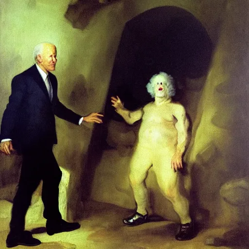 Prompt: president biden emerging from an underground white house, francisco goya oil painting