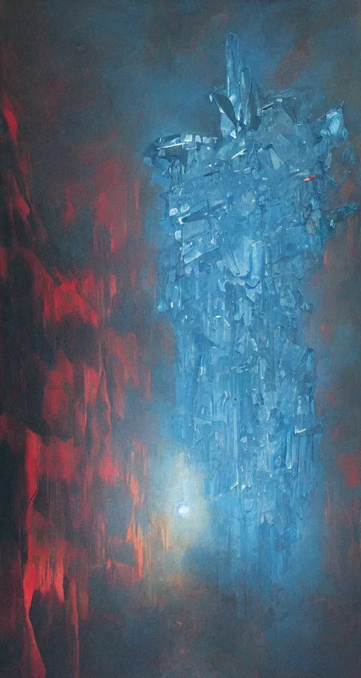 Image similar to a gigantic glowing crystal, high detailed beksinski painting, part by adrian ghenie and gerhard richter. masterpiece, deep colours, blue