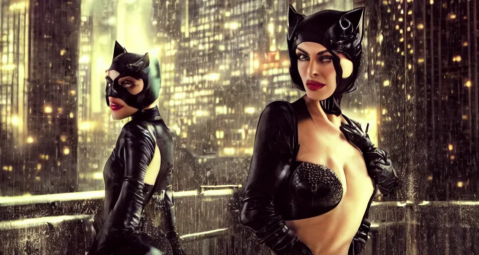 Prompt: Monica Belluci As Catwoman, volumetric lighting, hyperrealistic, photorealistic, beautiful details, HDR, octane render, action shot, wide angle, bokeh