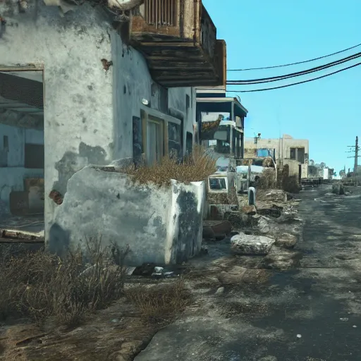 Image similar to Santorini, Greece in ruins post-nuclear war in Fallout 4, in game screenshot