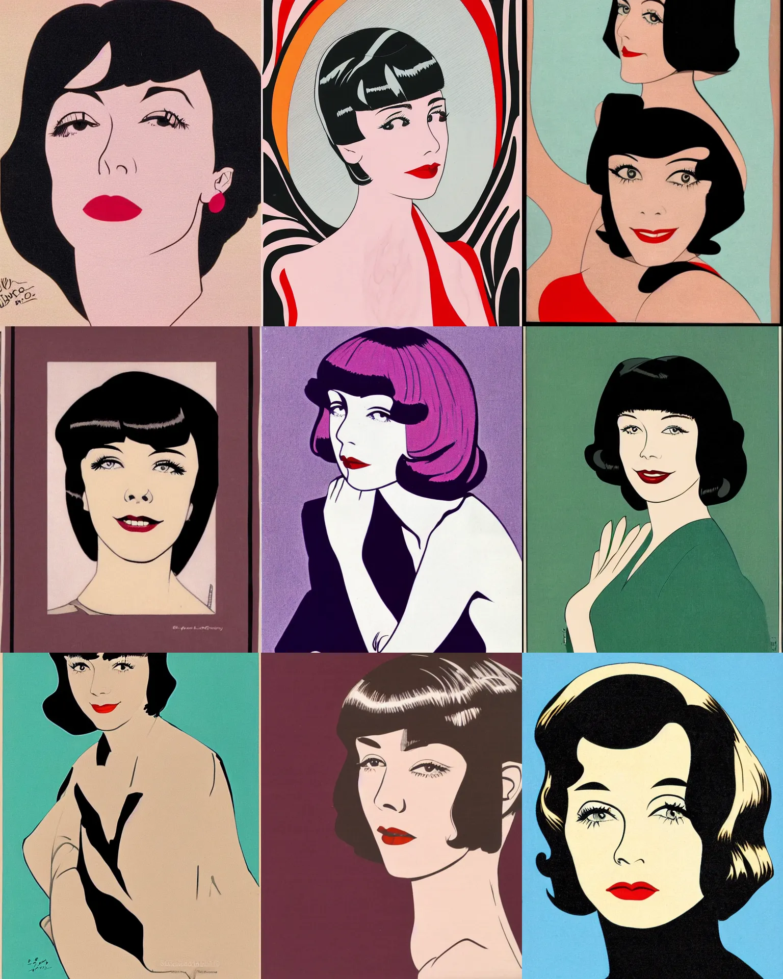 Image similar to Colleen Moore 25 years old, bob haircut, portrait by Patrick Nagel