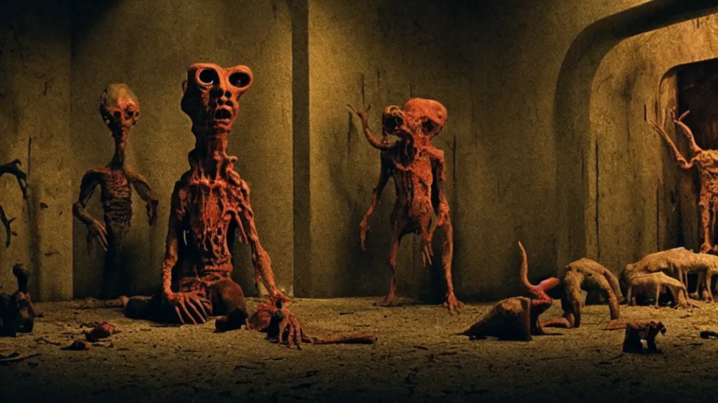 Prompt: the creature in the basement, made of ceramic and blood, surrounded by animals, film still from the movie directed by denis villeneuve and david cronenberg with art direction by salvador dali and zdzisław beksinski, wide lens