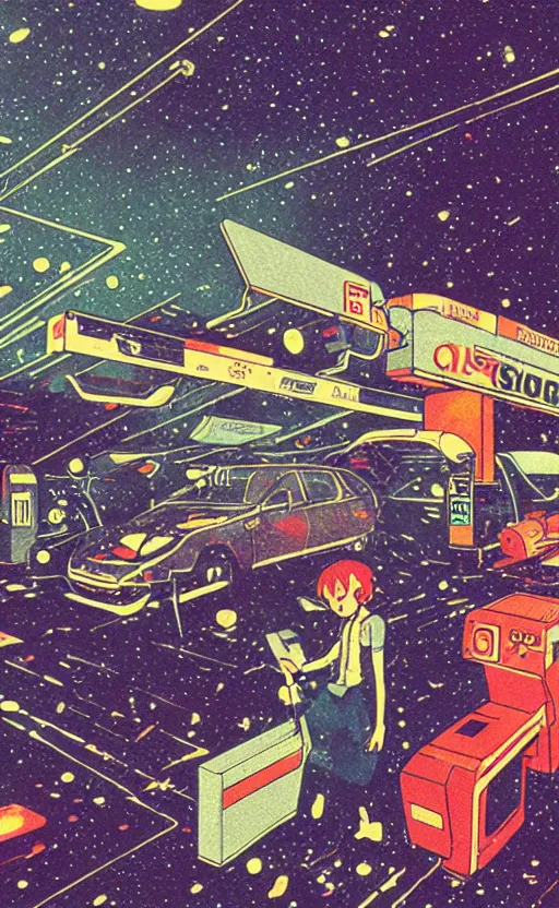 Image similar to gas station in space, sharp focus, vintage, satoshi kon, sci - fi, print, risograph, cinematic, game art