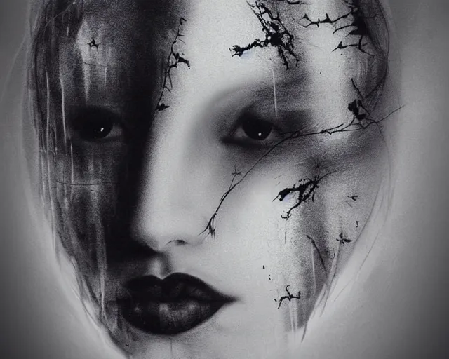 Prompt: a black and white photo of a woman's face, an airbrush painting by Itō Ogura Yonesuke, deviantart, gothic art, multiple exposure, biomorphic, charcoal drawing