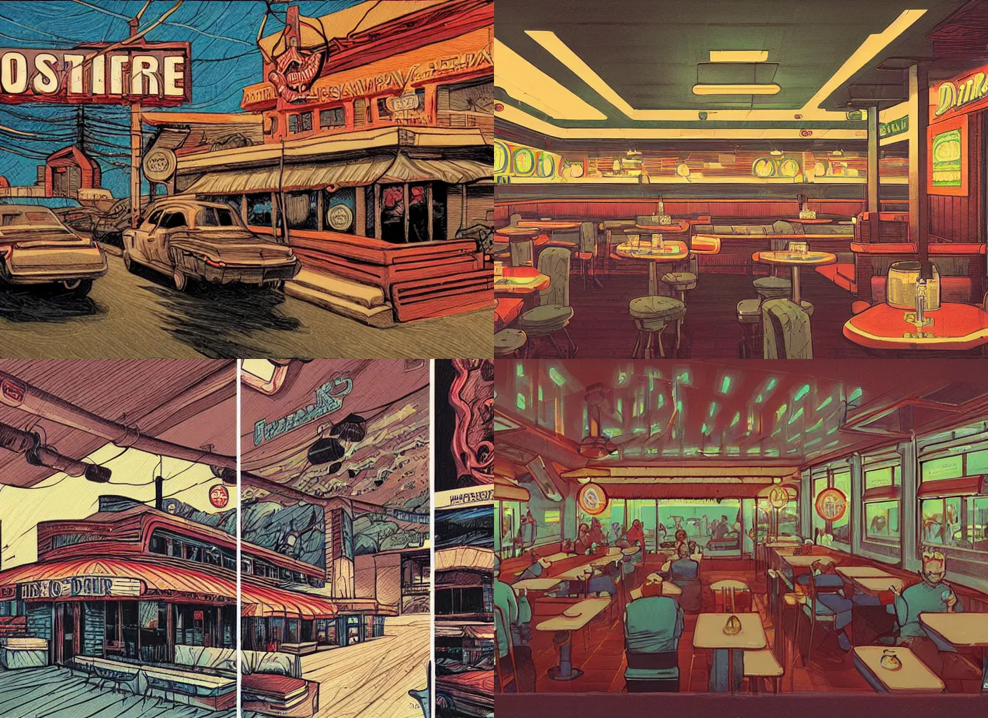 Prompt: Establishing shot of RR Diner from Twin Peaks comic artwork by Anato Finnstark, intricate, flat, simple details, high detail