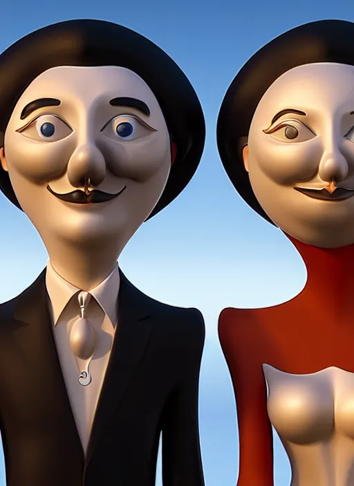 Image similar to style of santiago calatrava and salvador dali, perfectly centered symmetrical balanced male and female portrait of man and woman in love sharing one heart. high coherence ; 3 d cartoon unreal engine pixar 8 k ultra hd