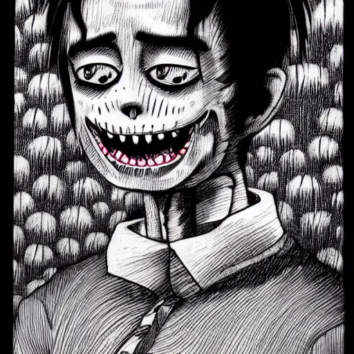 Image similar to smiling man, junji ito, creepy, unsettling,