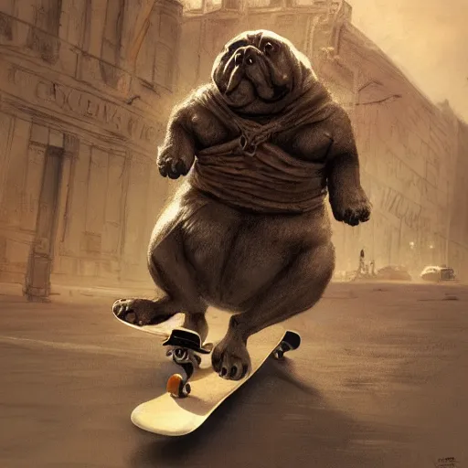 Image similar to morbidly obese dog riding a skateboard, illustration, full body, high quality, intricate details, details, craig mullins, intricate, atmosphere, highly detailed, matte painting, cinematic, deviantart, realistic, photorealistic, concept art