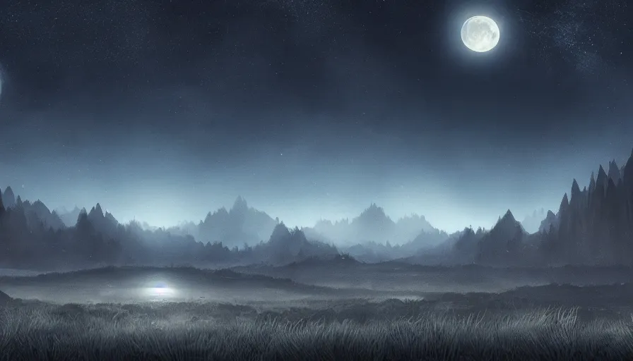 Image similar to a beautiful landscape at night, big moon on the right, stars in the sky, matte painting, dark blue tones, high contrast, intricate details, concept art, 4 k