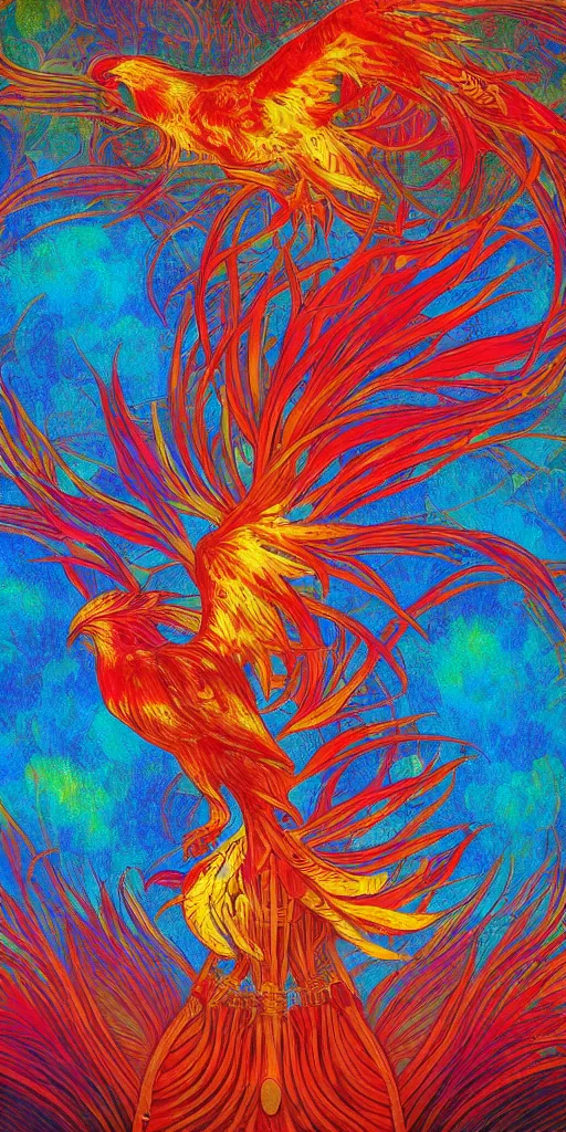 Image similar to the solarpunk phoenix, red bird, ornate egg, regeneration, landscape, epic composition, volumetric light, bokeh, inspired by monet and by alphonse mucha