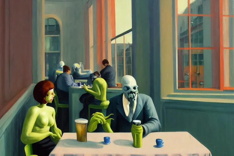 Prompt: hideous terrifying ghastly foul cronenberg monsters relaxing at a cafe. ( a waiter is pouring coffee. one monster is reading a newspaper. painting by edward hopper, 3 d rendering by beeple, 8 k, comfy wretched mutants )