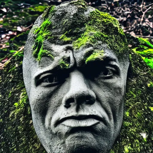 Image similar to a grey mossy rock with the face of dwayne johnson, shot on iphone 1