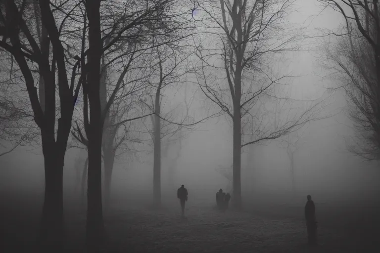 Image similar to photo of people being lured in the mist by sirenhead, eerie atmosphere, fear, mystery, dramatic, 8 k uhd