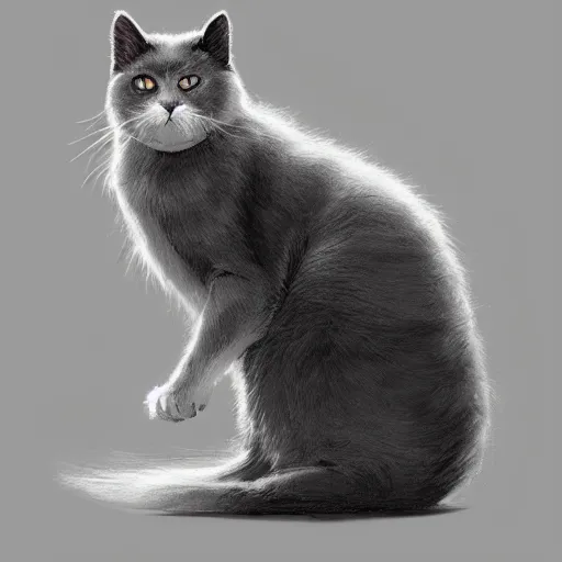 Prompt: a big dark angry powerful menacing grey cat with white belly, white paws and white face markings with long fur and fluffy tail sitting, intricate, elegant, highly detailed, digital painting, artstation, concept art, matte, sharp focus, illustration, art by Artgerm and Greg Rutkowski and Alphonse Mucha