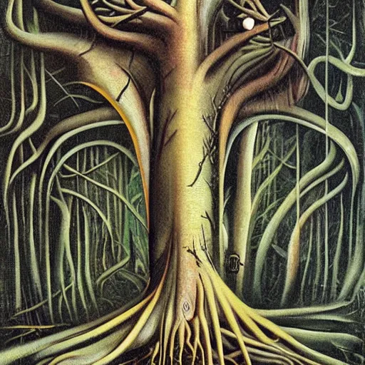 Image similar to a tree falls in a forest and no one is around to hear it, digital painting masterpiece, by h r giger and hannah hoch and ed roth and denys cowan