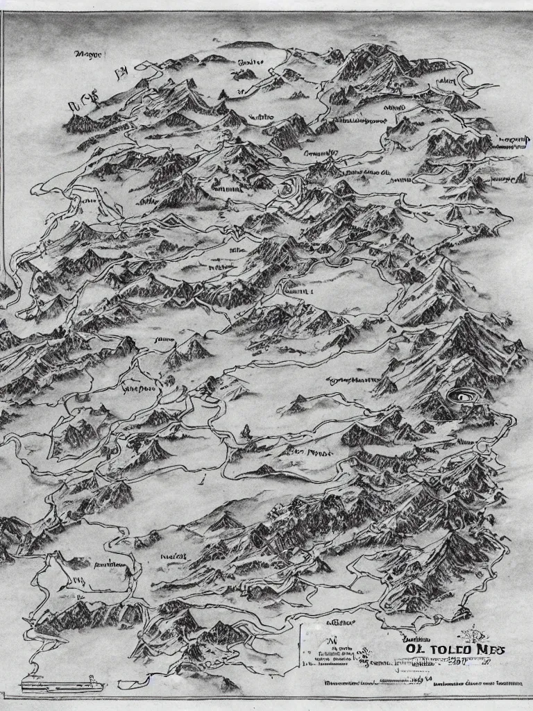 Image similar to old fantasy map of a frozen region with a abandoned mine drawn by j. r. r. tolkien