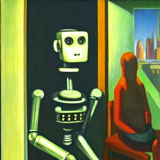 Prompt: judgemental robot butler, dystopian, pj crook, edward hopper, oil on canvas