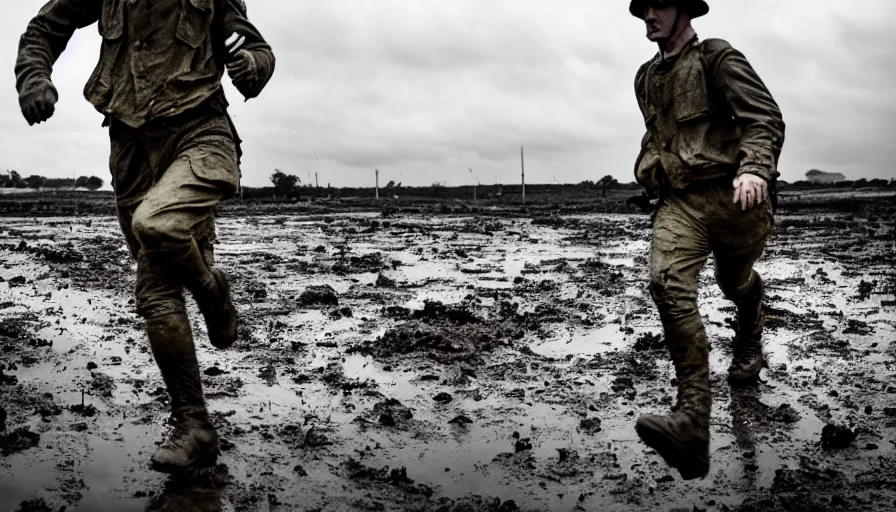 Image similar to screaming World War 1 soldier running away, wartorn landscape, lots of mud puddles and craters, bullets whizzing past camera, atmospheric, dirty lens, cinematic lighting, IMAX close-up of face, cinematography, 35mm