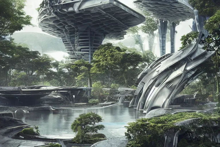 Image similar to brutalist futuristic white Aztec structures, manicured garden of eden, pools and streams, sculpture gardens by Jessica Rossier and HR giger