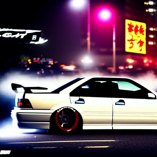 Image similar to a car JZX100 twin turbo drift at illegal car meet, Shibuya prefecture city midnight mist lights cinematic lighting photorealistic highly detailed wheels, high detail