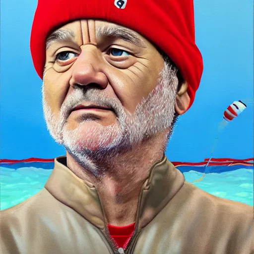 Image similar to bill murray as steve zissou, wes anderson, photorealistic, 8k, HD, oil painting