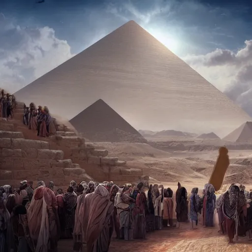 Image similar to Matte painting of Exodus from Egypt. Large crowds of people in Biblical outfits walking in the desert. Pyramids behind. Large pillar of cloud leading the way, detailed digital art trending in artstation