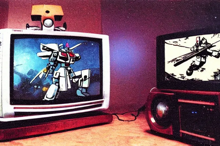 Prompt: old photo of an old retro Trinitron TV showing gundam fighting a Zaku-II with an axe, in the dark living room, lights off, 90s nostalgia, wide view, fish eye lens, vhs , scanlines, 8k, hd, high resolution