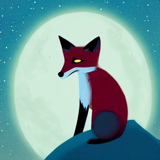 Prompt: “a fox sitting in the woods, looking up at the night sky. The moon shines brightly. digital art, painting”