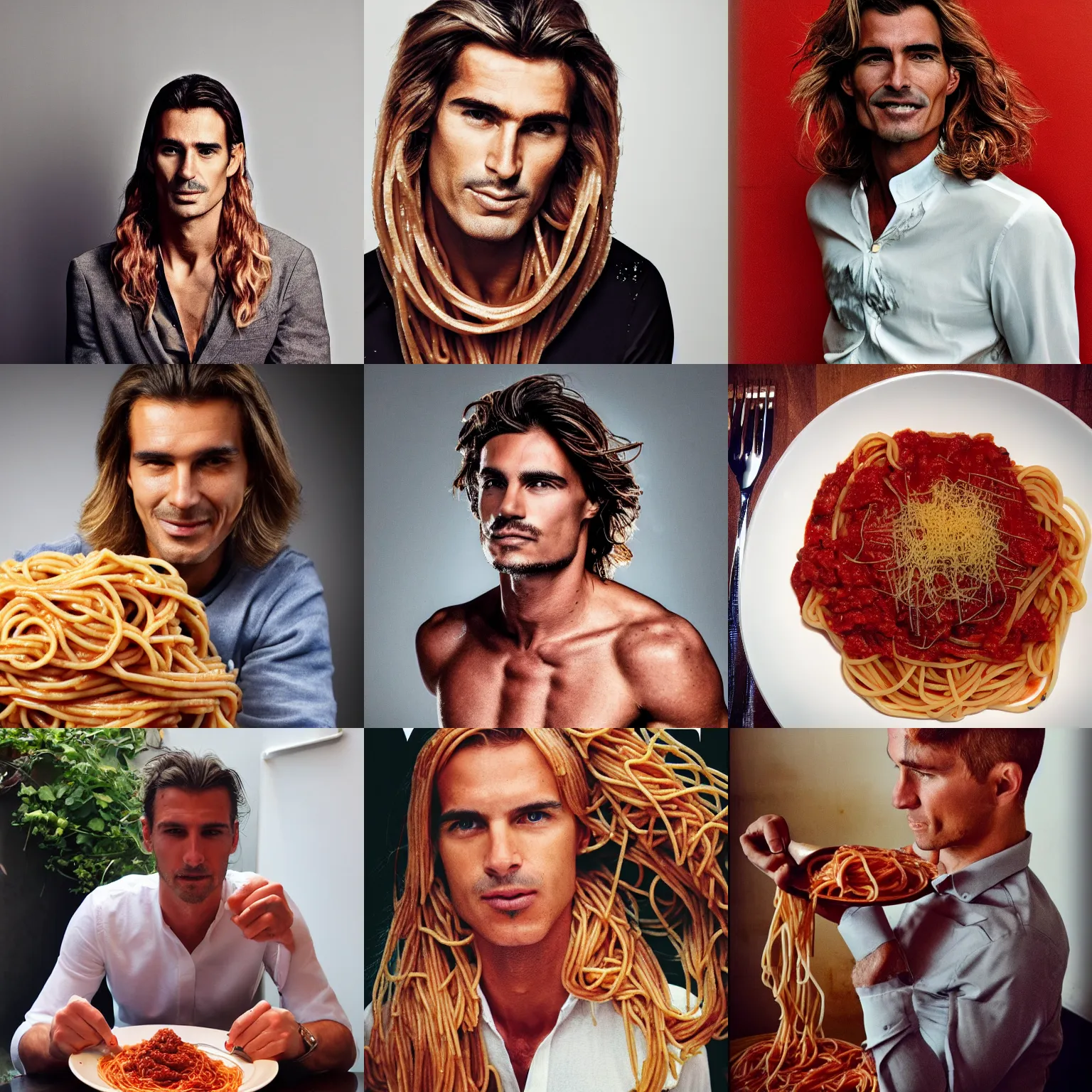 Prompt: fabio, delicious spaghetti bolognesa instead of hair, vogue, award winning photo