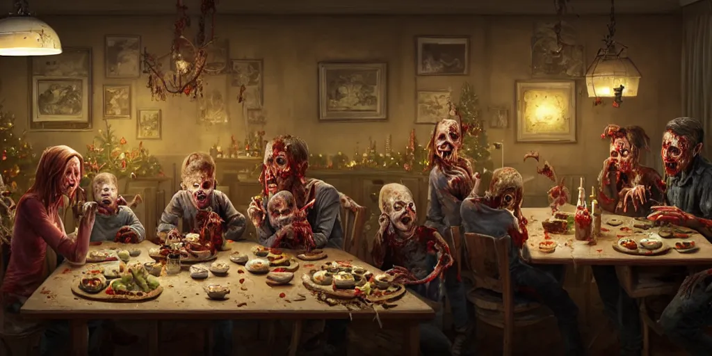 Image similar to a zombie family christmas diner, wide angle, super highly detailed, professional digital painting, artstation, concept art, smooth, sharp focus, no blur, no dof, extreme illustration, unreal engine 5, photorealism, hd quality, 8 k resolution, cinema 4 d, 3 d, beautiful, cinematic, art by greg rutkowski. by james gurney
