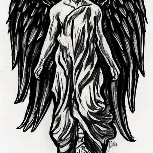 Image similar to realism!!!! tattoo!!!!! design sketch of a Magestic Angel, van gogh!! style, in the style of Da Ink