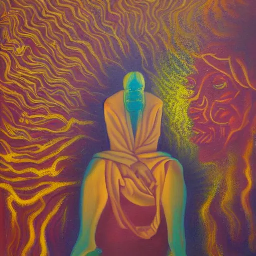 Image similar to a surreal painting of a golden faceless man during in a ayahuasca hallucination