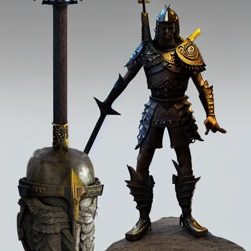 Prompt: A centurion statue standing beside an altar with a sword stuck in it in the style of concept artist Mattias Snygg