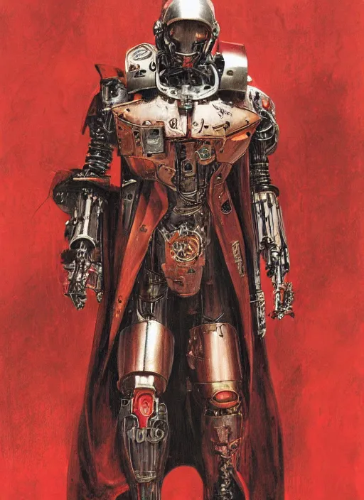 Image similar to portrait of rotten Tom Cruise as adeptus mechanicus in red hood and robe from Warhammer 40000. Highly detailed, artstation, illustration by and John Blanche and zdislav beksinski and wayne barlowe and Gustav Klimt