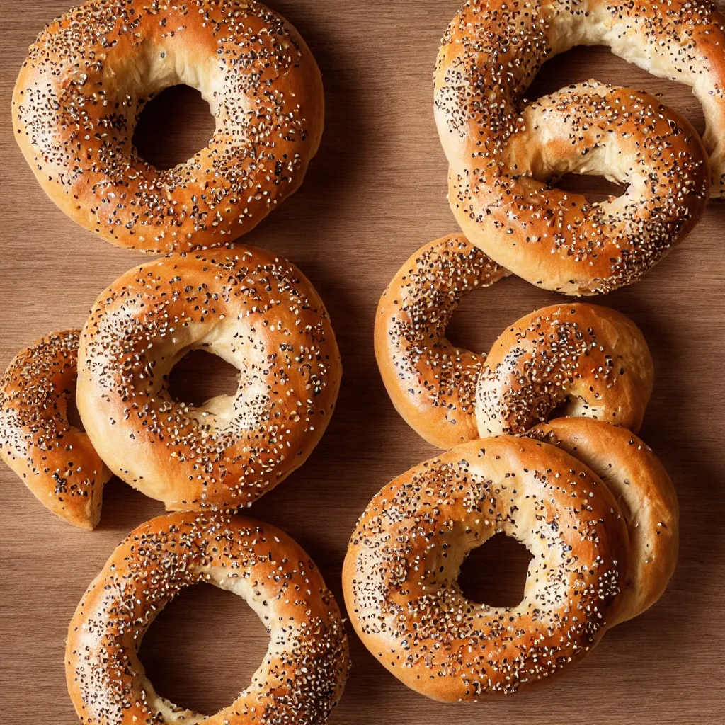 Prompt: close - up view of a singular solo bagel on top of a wooden table, 8 k, high detail, photorealistic, proper shading