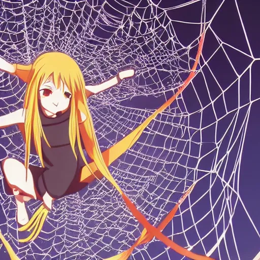Image similar to anime emma watson hanging from and trapped in a giant spider web