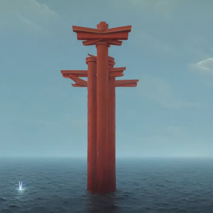 Image similar to a beautiful painting of a torii at sea by simon stalenhag and zdzisław beksinski and rene magritte and greg rutkowski, in style of digital art. hyper detailed, sharp focus, soft light. unreal engine 5. ray tracing. trending on artstation