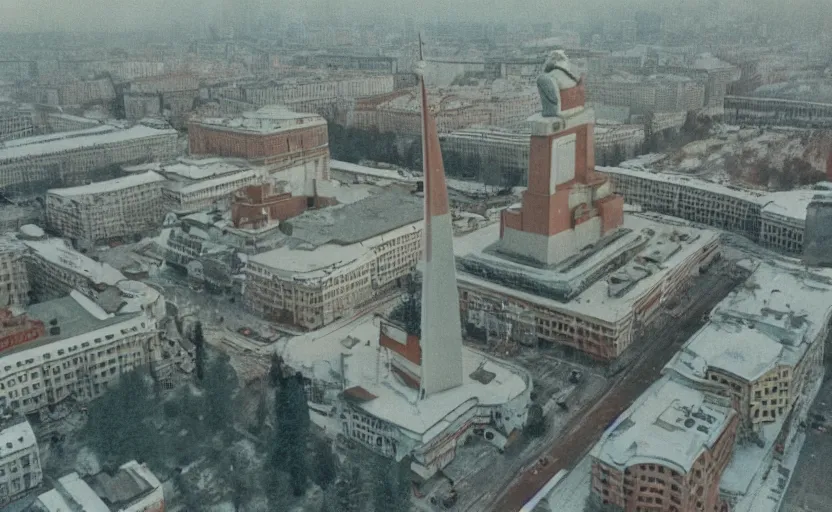 Image similar to high quality 2000s historic footage of a soviet square with a great lenin statue with stanilist style high rise and pedestrians, color aerial photo drone, Cinestill 800t, heavy grainy picture, very detailed, high quality, 4k panoramic