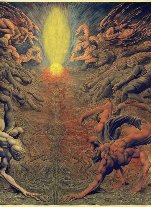 Image similar to battle between good and evil , battle between angels and demons, psx game graphics , painting by Beksinski and Moebius and Takato Yamamoto, by William Blake, Austin Osman Spare, high resolution, ultra detailed