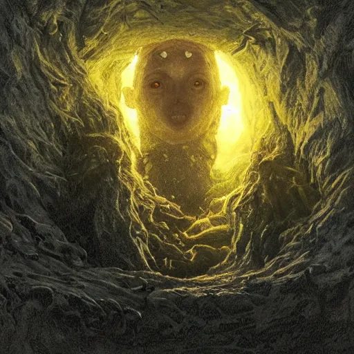 Image similar to an eye inside a mouth of a child with pointed teeth and glowing yellow eyes, nightmare, dark, h. p. lovecraft, portrait, intricate, detailed, volumetric lighting, scenery, digital painting, highly detailed, artstation, sharp focus, illustration, concept art, art by artgerm and greg rutkowski