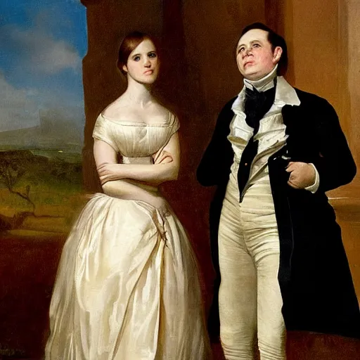 Image similar to elon musk ( left ) and emma watson in an 1 8 5 5 painting by elisabeth jerichau - baumann. painting, oil on canvas