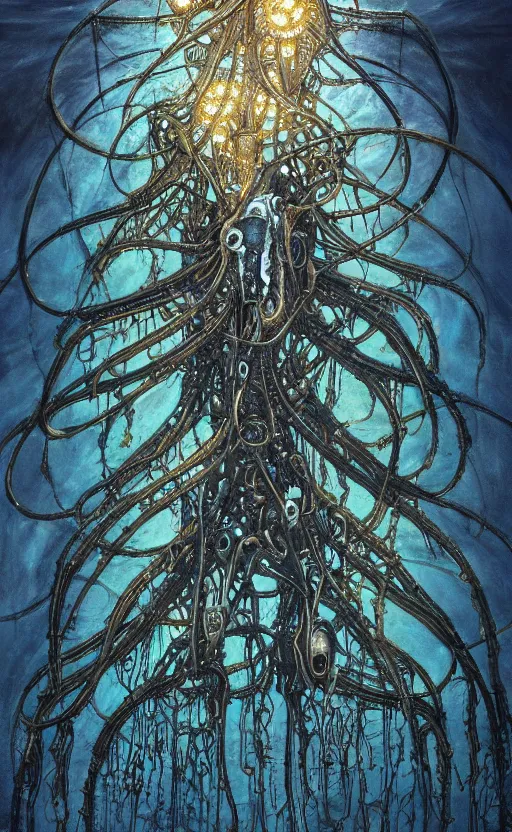 Image similar to beautiful painting of bone-masked rusty siphonophores around a balinese submerged architecture in the style of Welder Wings and H. R. Giger. Dark background, detailed, trending on Artstation