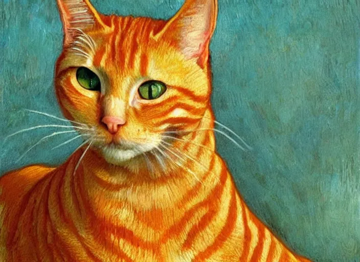 Prompt: detailed realistic realism painting of orange tabby cat fused combined with lasagna, at dusk, in the style of vincent van gogh and salvador dali and leonardo da vinci