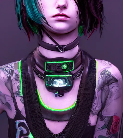 Image similar to detailed realistic cyberpunk female character cyberpunk wearing steel collar around neck, realistic, art, beautiful, 4K, collar, choker, collar around neck, punk, artstation, detailed, female, woman, choker, cyberpunk, neon, punk, collar, choker, collar around neck, thick collar, choker around neck, wearing choker, wearing collar, bright neon punk hair,