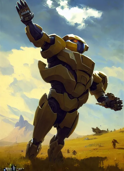 Prompt: Greg Manchess painting of A Corgi from Metroid Prime wearing Forerunner Armor from Halo, countryside, calm, fantasy character portrait, dynamic pose, above view, sunny day, thunder clouds in the sky, artwork by Jeremy Lipkin and Giuseppe Dangelico Pino and Michael Garmash and Rob Rey, very coherent asymmetrical artwork, sharp edges, perfect face, simple form, 100mm