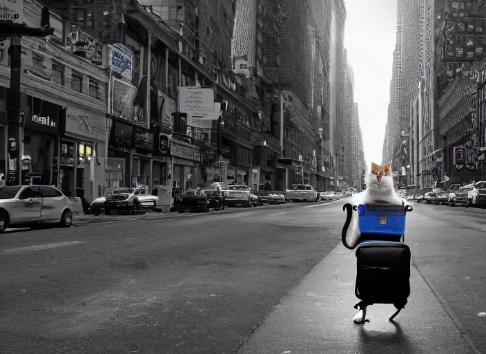 Image similar to photography of a Cat being carried in an half open backpack . in a new york street. award winning photo, led lighting, night, 130mm, sharp, high res