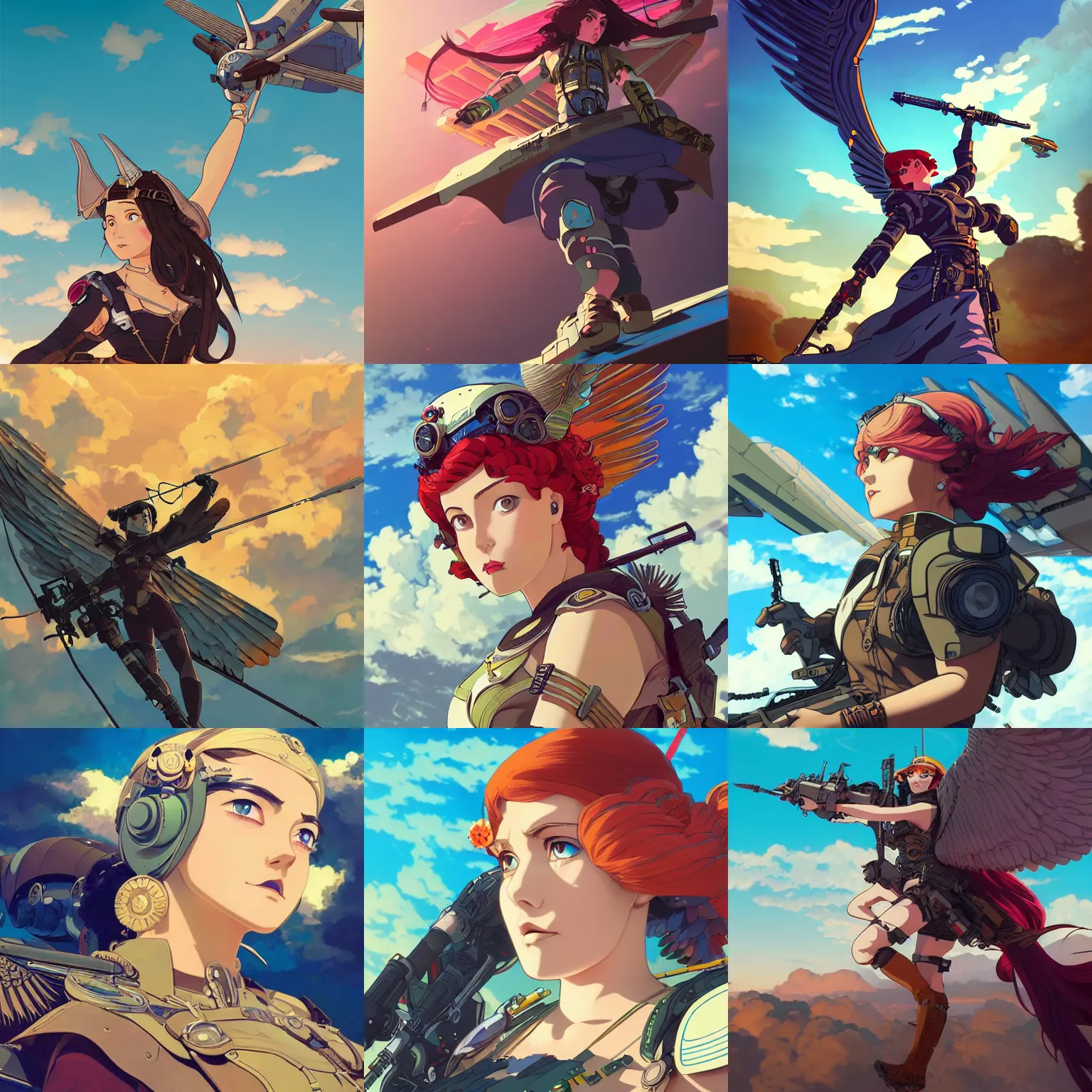 Prompt: a dieselpunk valkyrie taking flight into a vibrant sky, ilya kuvshinov face, highly detailed, cel shading, digital painting, anime key visual, in the style of hayao miyazaki and alphonse mucha