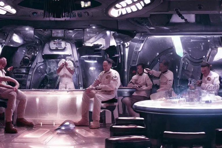 Prompt: sci-fi cinematography of space soldiers sitting in an alien bar. By Emmanuel Lubezki