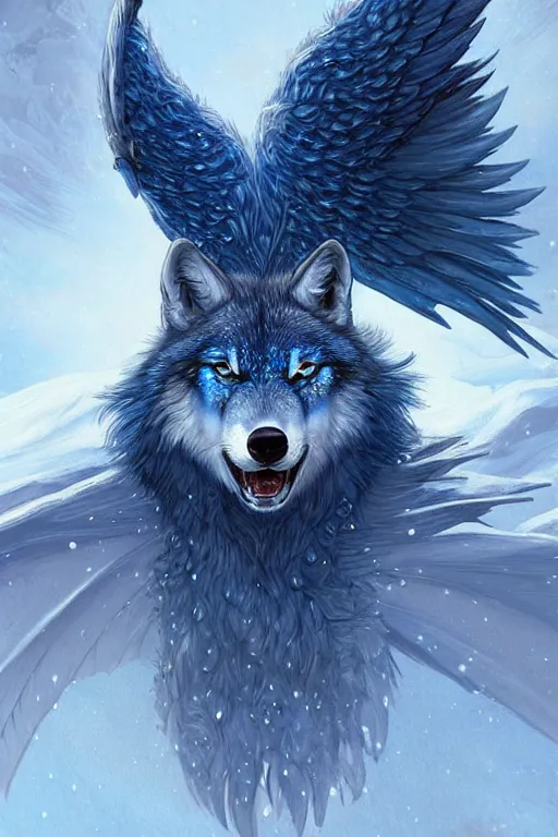 Image similar to blue wolf with wings, facing front, regal, elegant, winter, snow, beautiful, stunning, hd, illustration, epic, d & d, fantasy, intricate, elegant, highly detailed, digital painting, artstation, concept art, smooth, sharp focus, illustration, wallpaper, art by artgerm and greg rutkowski and alphonse mucha and jin xiaodi