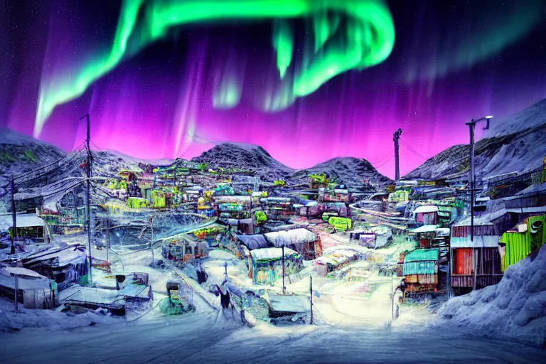 Image similar to favela winding cybernetic thrill ride, snowy arctic environment, blooms, industrial factory, bright, aurora borealis, award winning art, epic dreamlike fantasy landscape, ultra realistic,